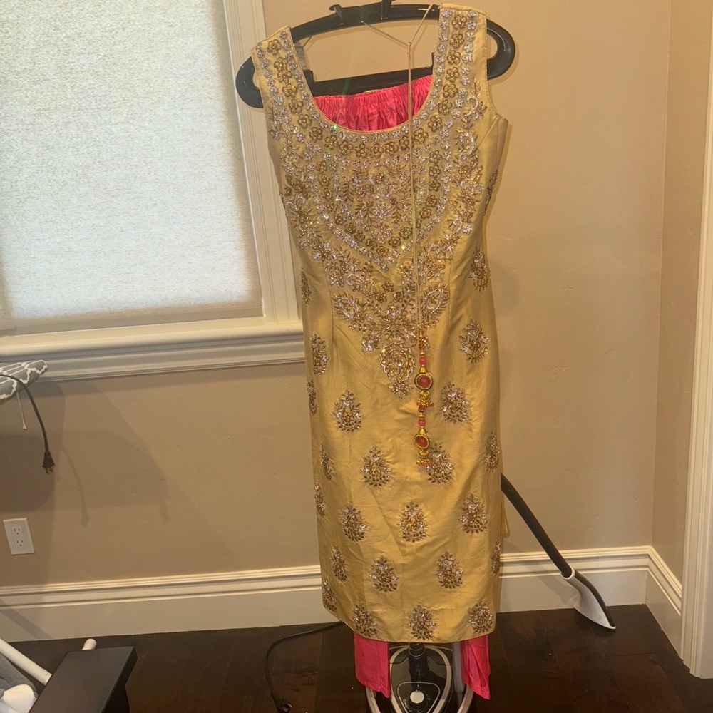 Gold Embellished Sleeveless Dress with Pink Lining